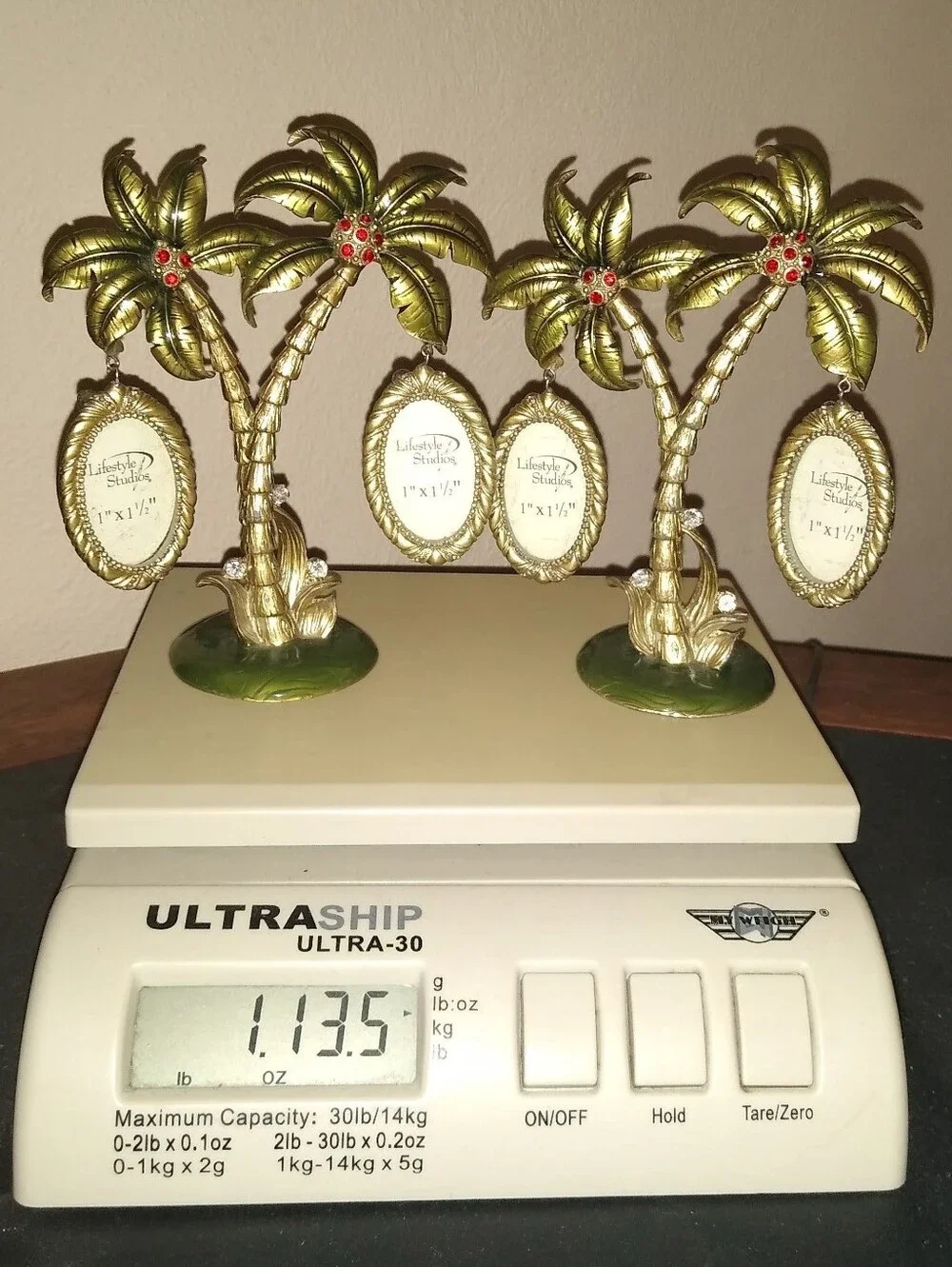 PAIR OF BRASS PALM TREE SCULPTURES W/HANGING RHINESTONE FRAMES